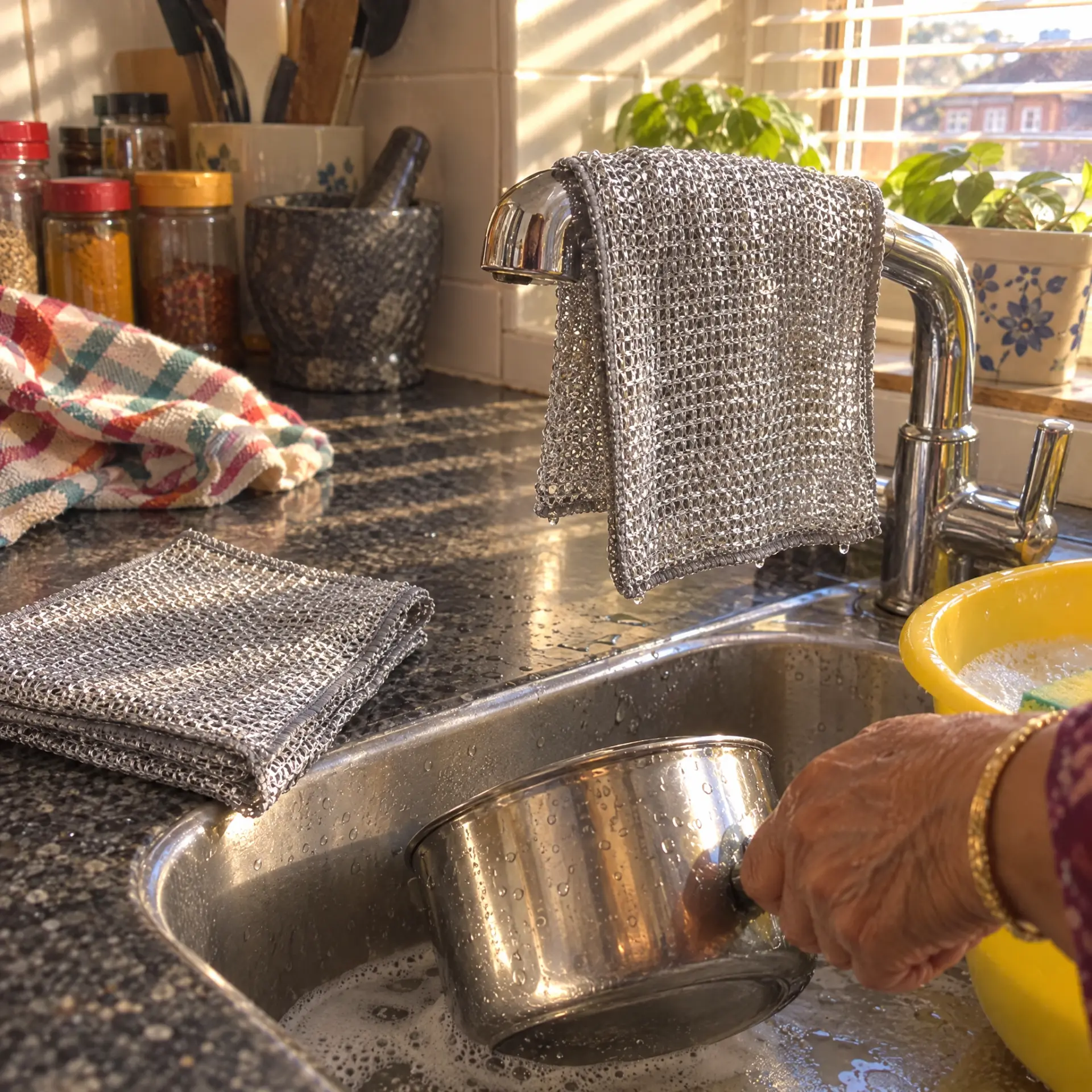 Wire dish cloths drying over a kitchen tap in the sunlight