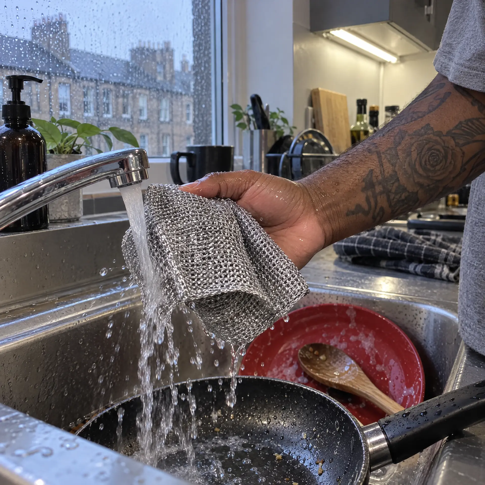 Customer rinsing a wire dish cloth under a running kitchen tap