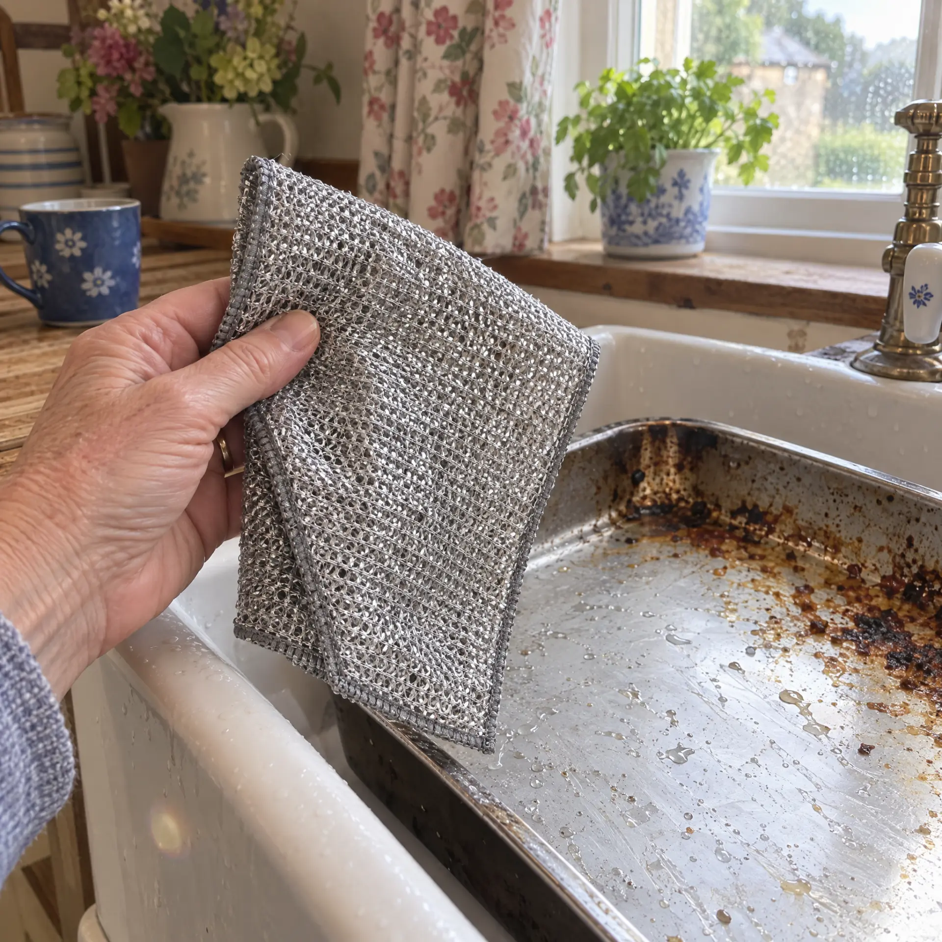 Customer holding a wire dish cloth above a greasy roasting tray