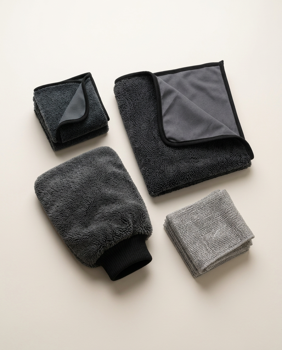 Folded Gleamira cloths on a sunlit worktop