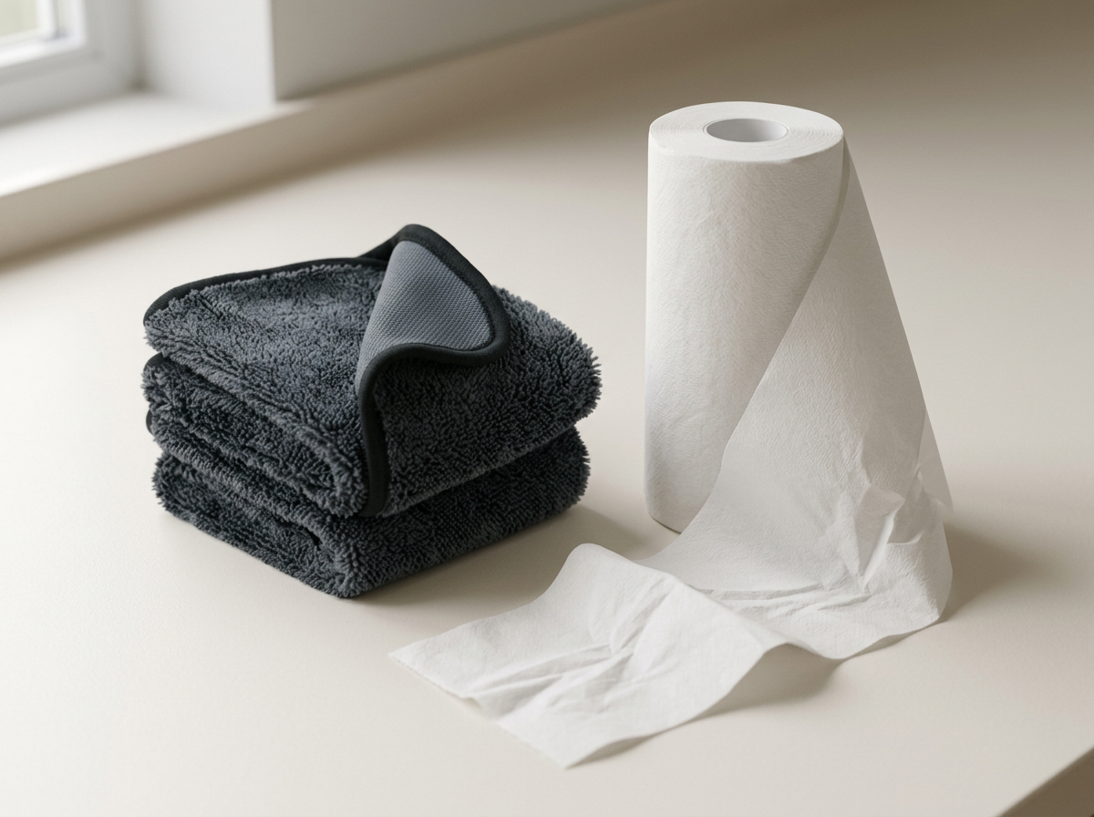 One cloth next to a stack of paper towel rolls